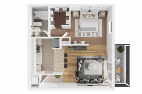 3D floor plans of A1R, a studio, one bathroom floor plan with galley style kitchen, bar height countertop, balcony, and in-unit washer and dryer.