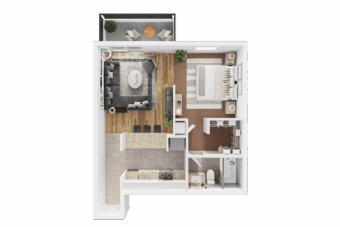 3D floor plan of A2R, a studio, one-bathroom floor plan with walk in closet, galley style kitchen and bar height counters, plus living room and private balcony with in-unit washer and dryer.