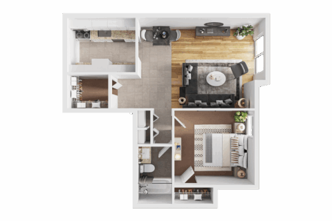3D floor plan of A3R, a one bedroom, one bathroom floor plan with galley style kitchen and walk in closet, double pantry hallway closet, plus living and dining room space.