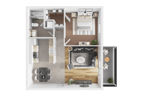 3D floor plan of A4R, a one bedroom apartment with tiled dining and kitchen area, walk in closet, and bathroom with shower/tub combo. In-unit washer and dryer plus living room and balcony access.