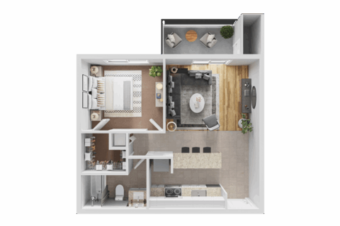 3D floor plan of A5R, a one-bedroom, one-bathroom apartment with galley kitchen and bar counter, plus walk in closet, in-unit washer and dryer, and balcony with outdoor storage.