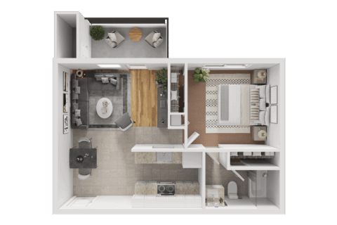 3D floor plan of A6R, a one bedroom, one bathroom floor plan with two closets, galley style kitchen, dining and living room area, plus in unit washer and dryer and balcony with outdoor storage.