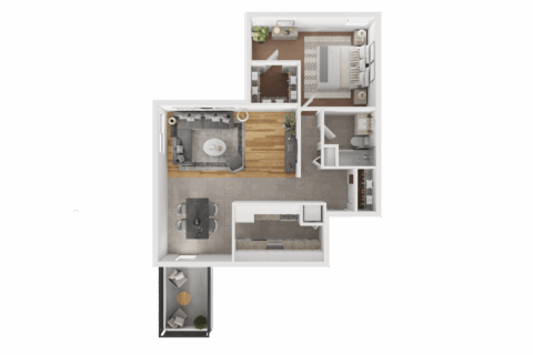 3D floor plan of A7R, a one bedroom, one bathroom apartment with in unit washer and dryer, walk in closet, hallway closet, galley-style kitchen, dining and living room space, and outdoor balcony.