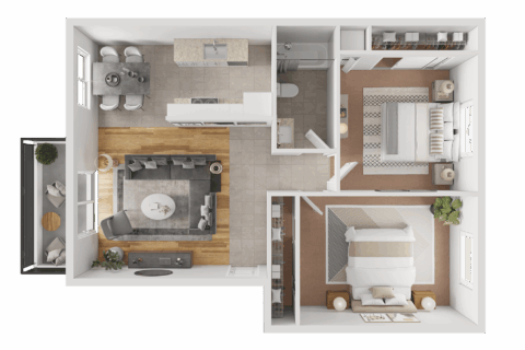 3D floor plan of B1R, a two bedroom, one bathroom apartment with in unit washer and dryer, living room plus balcony access, in-unit washer and dryer, dining space adjacent to galley style kitchen.