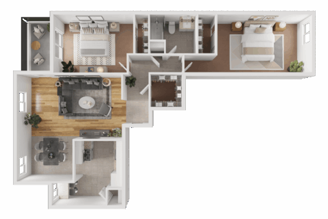 3D floor plan of B2R, a two bedroom, one bathroom apartment with three large closets, private balcony access, spacious kitchen with bar counter corner, tiled dining space and living room.