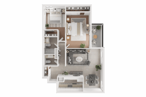 3D floor plan of B3R, a two bedroom, two bathroom apartment with private balcony, galley style kitchen, tiled dining and living room space, and in-unit washer and dryer.