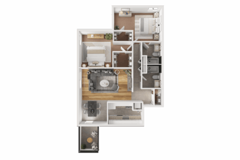 3D floor plan of B4R, a two bedroom, two bathroom apartment with two walk-in closets, tiled kitchen and dining space, living room, hallway closet, in unit washer and dryer and balcony.