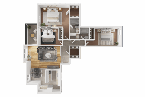 3D floor plan of C1R, a three bedroom, two bathroom floor plan with two walk in closets, tiled wrap-around kitchen and dining space, plus living room with access to balcony.