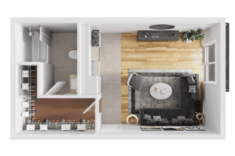 3D floor plan of S1R, a studio space with private balcony, wall lined kitchen, walk in closet and private bathroom.